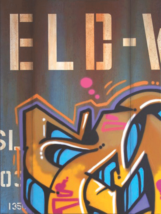 Tim Conlon Blank Canvas #57 – JELDWEN 2014; spray paint, paint marker, acrylic on canvas; 48”x36”. Courtesy Transformer.  