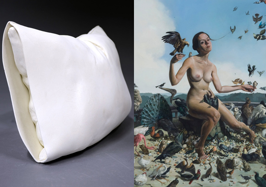 Iconic synthesis--Megan Van Wagoner's sculptures (left) become the blank canvas for Erik Thor Sandberg's (right) paintings in Saturated with the Subconscious.  Image courtesy Flashpoint Gallery.